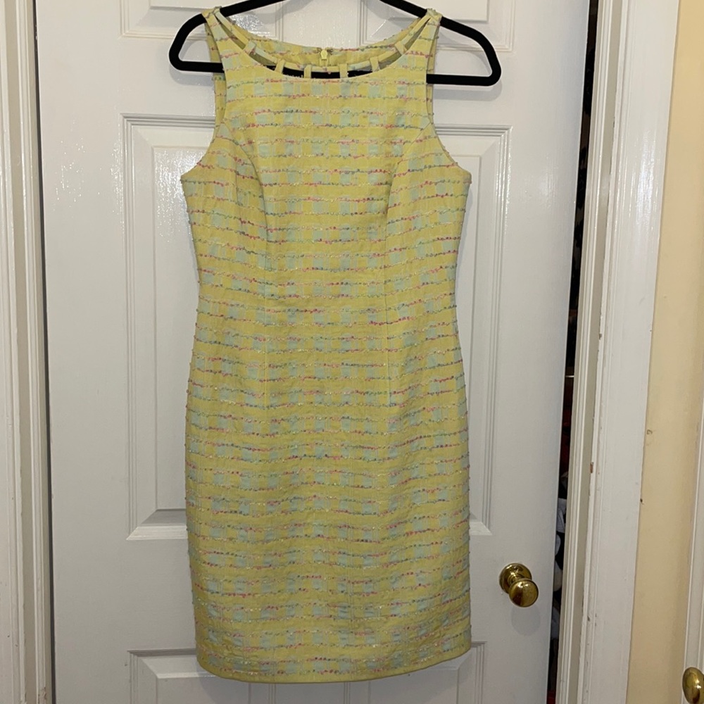 Carmen Marc Valvo pastel sheath dress with beautiful neckline detail